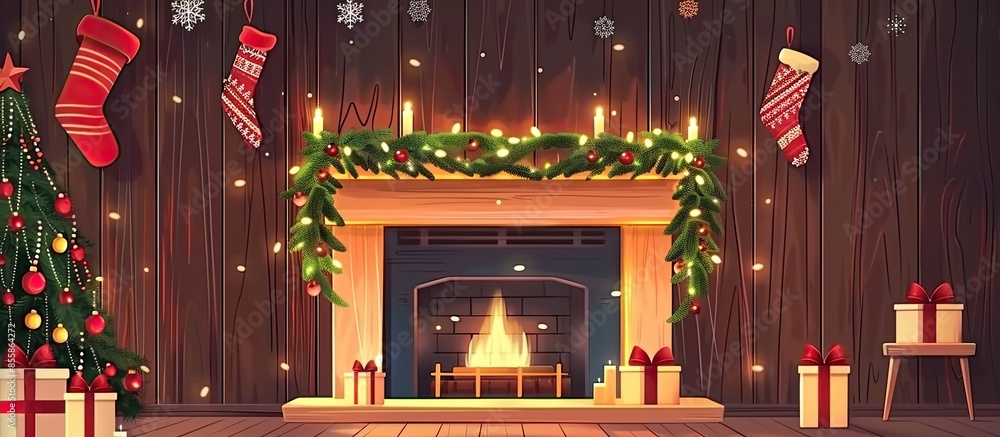 Poster fireplace in room with christmas decorations. interior design. with copy space image. place for addi