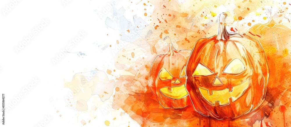 Poster halloween face pumpkin water color. copy space image. place for adding text or design