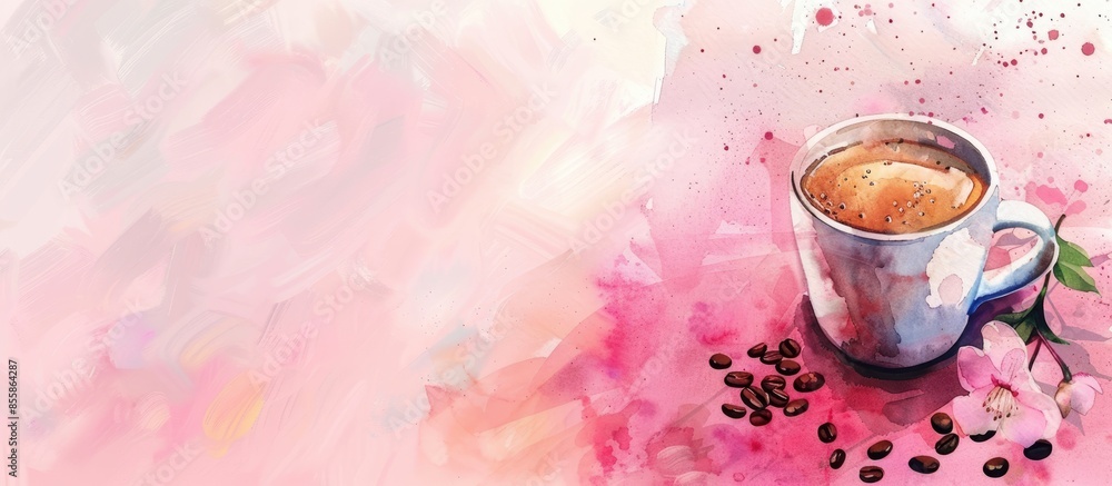 Poster watercolor cup of coffee with coffee grains and flowers pastel background. with copy space image. pl
