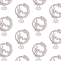 Globe on stand for desk seamless pattern in line art style. Hand drawn educational school equipment. Vector illustration on a white background.