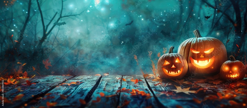 Poster halloween pumpkins on wood in a spooky forest at night. copy space image. place for adding text or d