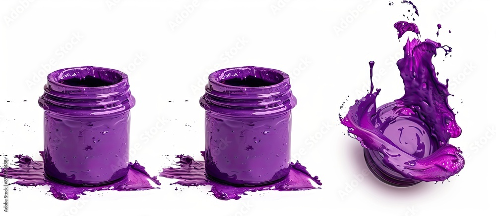 Fototapete A jar with purple paint in different angles on a white background. with copy space image. Place for adding text or design