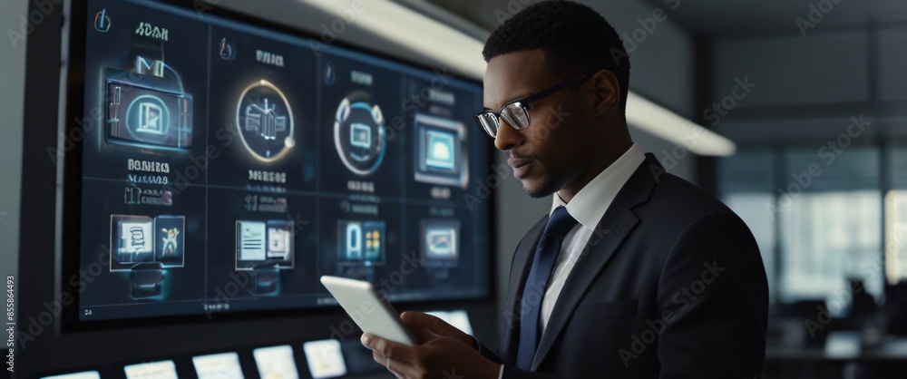 Poster businessman using a tablet to analyze data while on-the-go, with a blurred urban background that emp