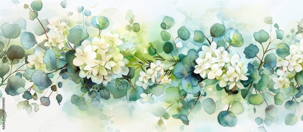 Aufkleber watercolor bouquet with white flowers and green branches. hydrangea and eucalyptus. pastel backgroun