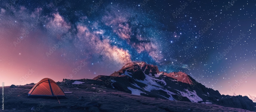 Aufkleber the tent stands on the mountain against the starry sky night summer. copy space image. place for add