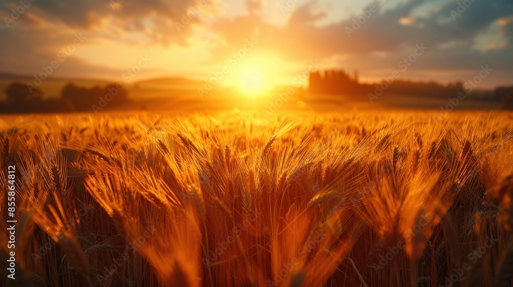 Poster the sun dips low on the horizon, bathing undulating wheat fields in a golden radiance. the gentle br