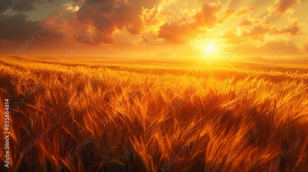 Poster the sun dips low on the horizon, bathing undulating wheat fields in a golden radiance. the gentle br