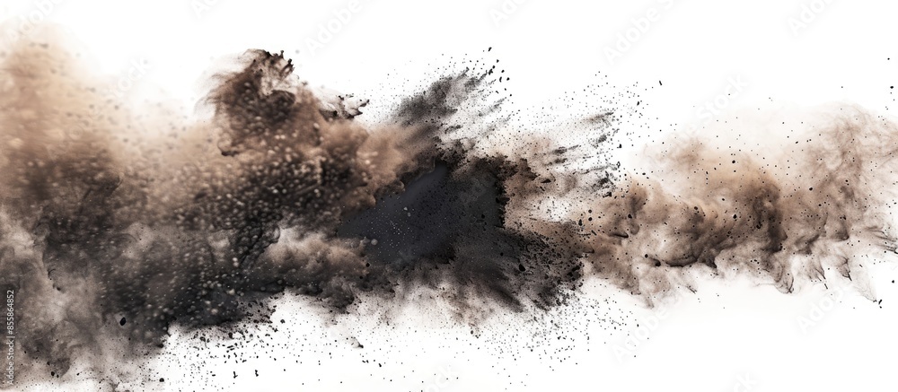 Poster Brown black dust powder explosion. The texture is abstract and splashes float. on a white background. with copy space image. Place for adding text or design