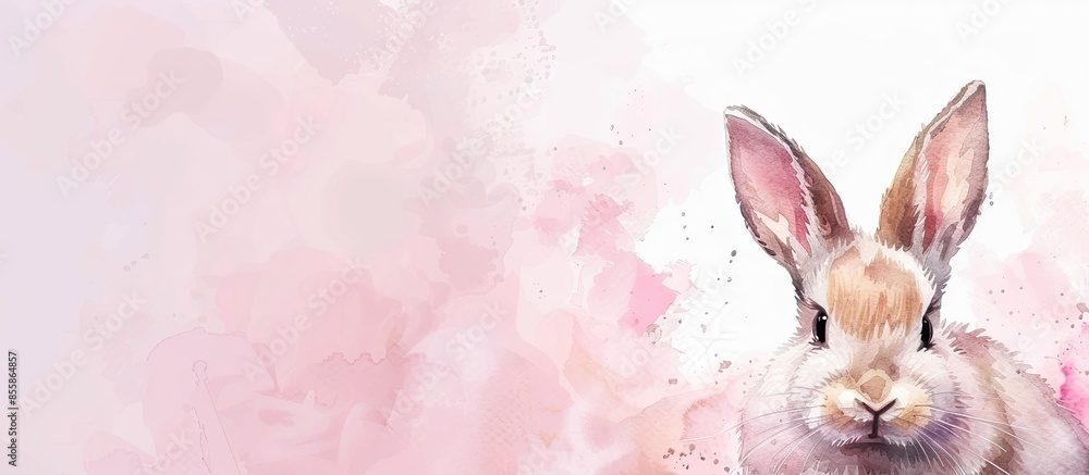 Poster watercolor fluffy rabbit isolated on pastel background back ground. with copy space image. place for
