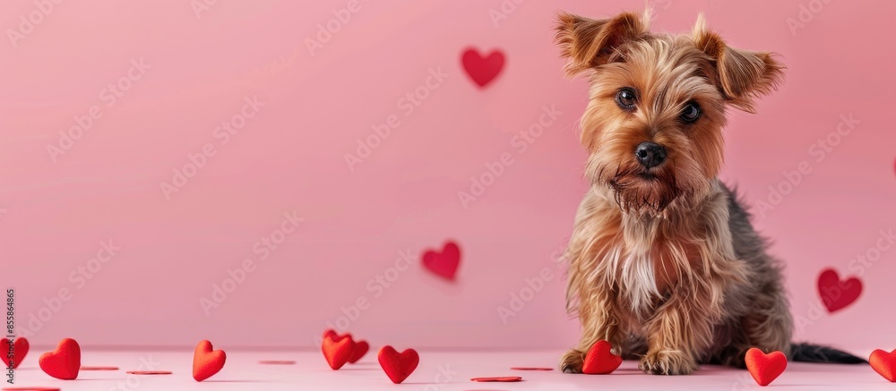 Poster luxurious dog is sitting at the table. valentine's day theme. happy valentines day card isolated on 
