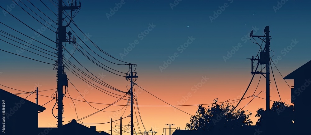 Poster residential silhouette background in the afternoon seen hanging poles and cables. with copy space im