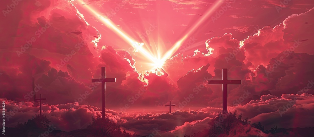 Poster The three holy crosses of Jesus Christ shining through the red sky and clouds and bright rays background. with copy space image. Place for adding text or design