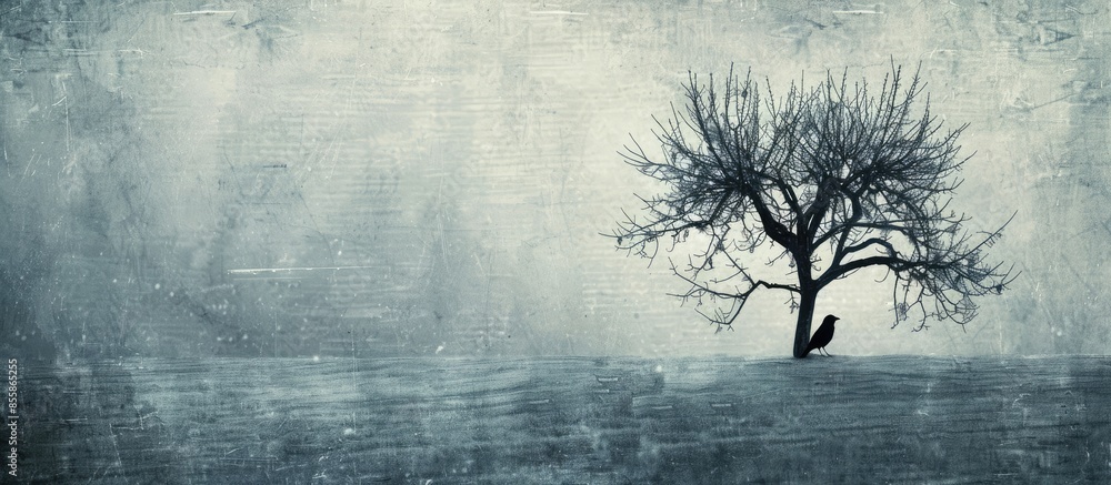 Aufkleber Artistic silhouette of a tree and a bird in winter. with copy space image. Place for adding text or design