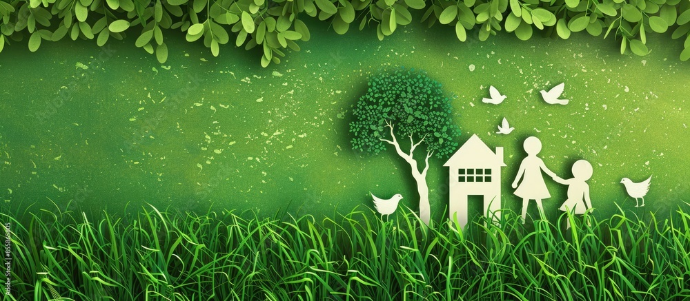 Aufkleber Paper cut of family with house and tree on fresh spring green grass. with copy space image. Place for adding text or design