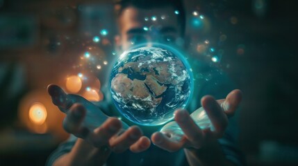 Fototapeta premium A man holds a hologram of the planet Earth in his hand. wide angle lens