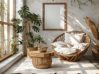 Fototapeta premium The white wall had a blank picture frame. The living room interior design was in the Scandinavian style with wood furniture and a modern armchair.