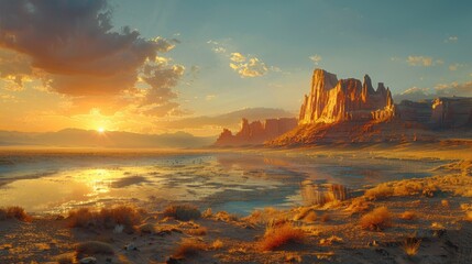 A serene desert scene with ancient sandstone spires standing sentinel amidst the vast emptiness, their smooth surfaces and intricate patterns illuminated by the warm glow of a setting sun. The