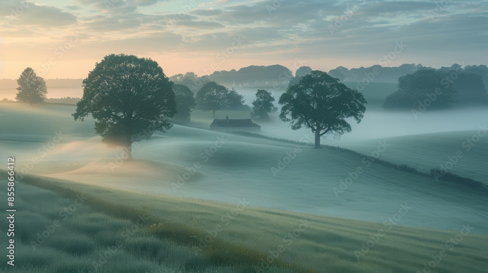 Aufkleber serene farmland blanketed in a delicate morning mist, where distant trees and farmsteads emerge as i