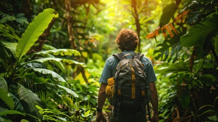 Fototapeta premium Adventurer with backpack travels in the lush forest. wide angle lens