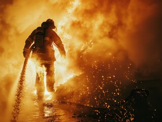 Fototapeta premium Capture a heroic firefighter in a low-angle shot, water hose in hand, battling a towering inferno Emphasize the contrast between light and shadows