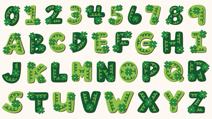 Clover leaf alphabet letters and numbers. Hand lettered St. Patrick's Day font. Hand drawn vector illustrations. © draftsndoodles