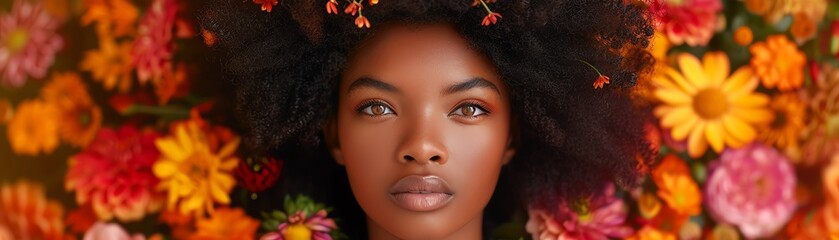 A fashionable model makes a bold statement with her afro hairstyle adorned with vibrant flowers, set against a backdrop of autumnal hues