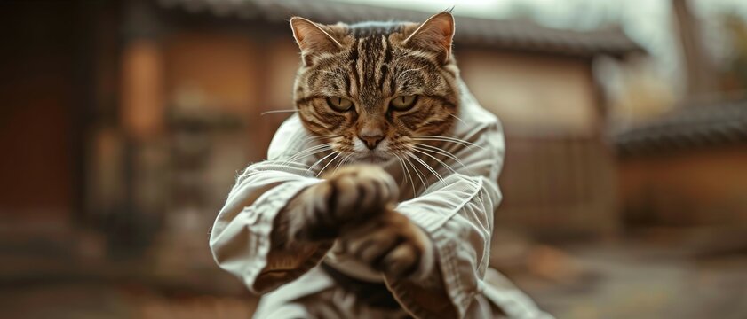 A formidable cat focused and ready in a karate uniform, taking a strong stance and demonstrating martial arts discipline