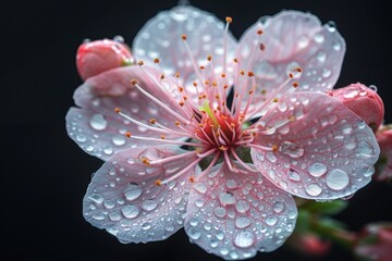 Close-Up of a Delicate Pink Flower with Dew Drops