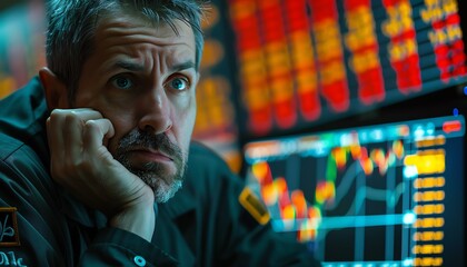 A trader showing signs of distress in front of monitors displaying falling stock market charts, reflecting economic downturn