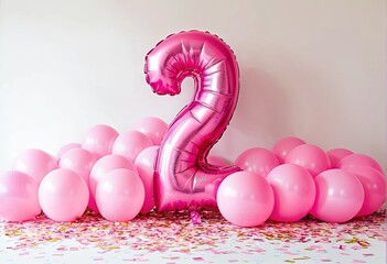 Pink-themed second birthday party decor with balloons, confetti, and a white backdrop.