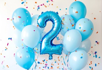 Festive celebration featuring number 2 inflatable balloon, blue pastel accents, and confetti