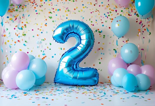 Decor setup for a second birthday bash, including balloons, confetti, and number 2 balloon.