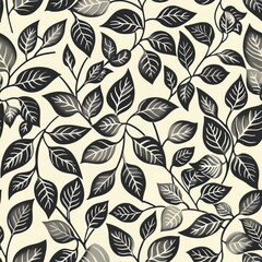 Fototapeta premium Seamless pattern with leaves and curls. Monochrome abstract floral background. Stylish black and white texture.