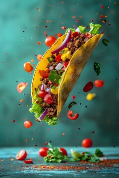 Floating taco with vibrant ingredients, teal background, dynamic midair shot
