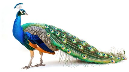 Obraz premium Beautiful peacock on white background, stands gracefully, displaying the intricate beauty of this exotic bird wide angle lens