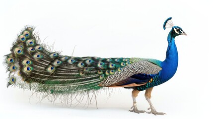 Fototapeta premium Beautiful peacock on white background, stands gracefully, displaying the intricate beauty of this exotic bird wide angle lens