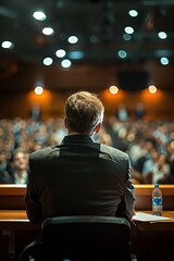 Fototapeta premium The back of a speaker addressing an attentive audience at a conference, showcasing leadership and the exchange of ideas