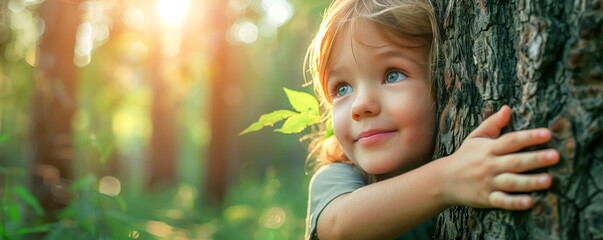 Cute little girl hugging tree in the natural park.