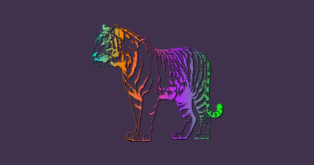 Vector iridescent halftone texture powerful tiger. Wild animal of jungle. Zoo. Dark isolated background.