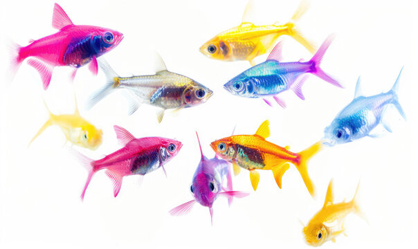 Colorful glofish swimming together on white background