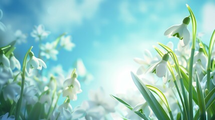 Obraz premium snowdrop flower meadow in spring and blue sky