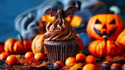 A spooky Halloween-themed chocolate cupcake with a bat topper - Powered by Adobe