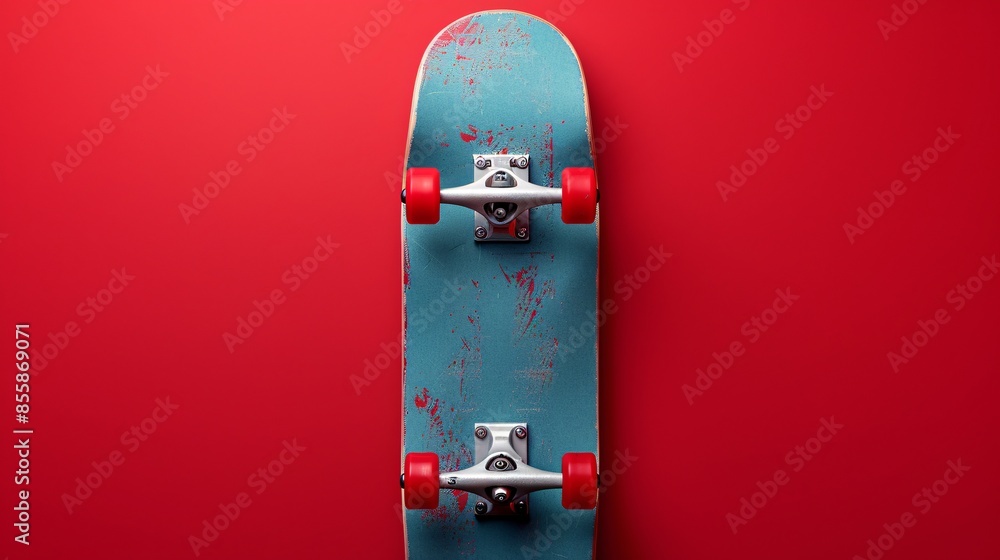 Wall mural blue skateboard on red background