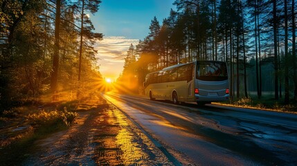 express travel, bus go to nature forest on the road and sunny sky.