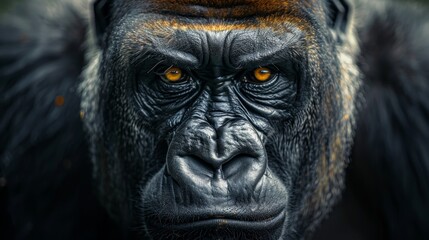 portrait of an adult male gorilla looking at the camera, close-up of the monkey's head, gorilla's stern eyes