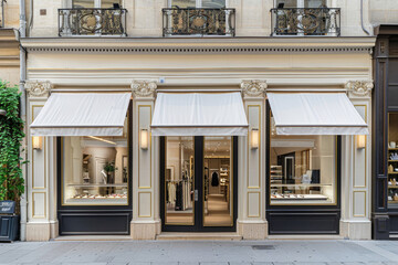 Elegant parisian storefront with awnings extended on sunny day