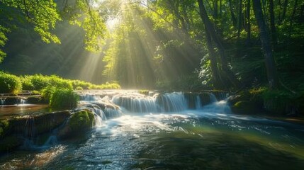 Serene forest with sunlight filtering through the trees and a peaceful river flowing