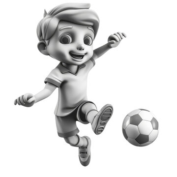 Dibujo animado de un ni&ntilde;o jugando al futbol chutando un bal&oacute;n, equipado con ropa deportiva y botas de f&uacute;tbol, sobre fondo blanco