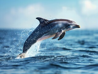 Fototapeta premium Graceful dolphin leaping out of clear blue ocean with splashing water in scenic natural environment