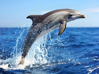 Fototapeta premium Graceful Dolphin Leaping from the Vibrant Blue Ocean with Splashing Water Under Clear Sky